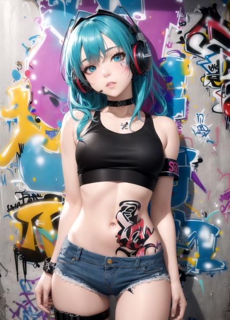 07070-1734417752-masterpiece, best quality, 1girl, solo, crop top, denim shorts, choker, (graffiti_1.5), paint splatter, arms behind back, agains.png